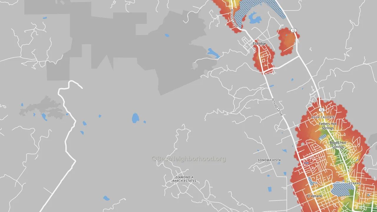 Walk Grade map of El Verano, CA, walkable areas in green and car-dependent areas in red