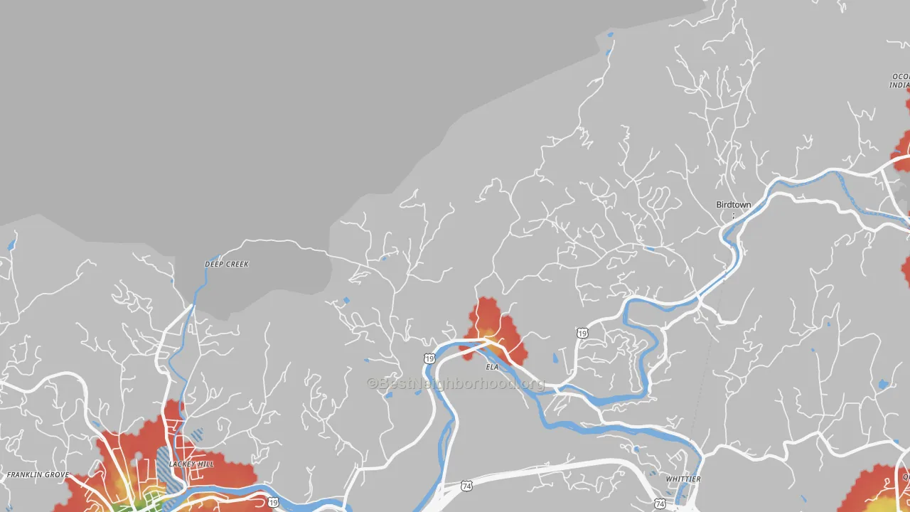 Walk Grade map of Ela, NC, walkable areas in green and car-dependent areas in red