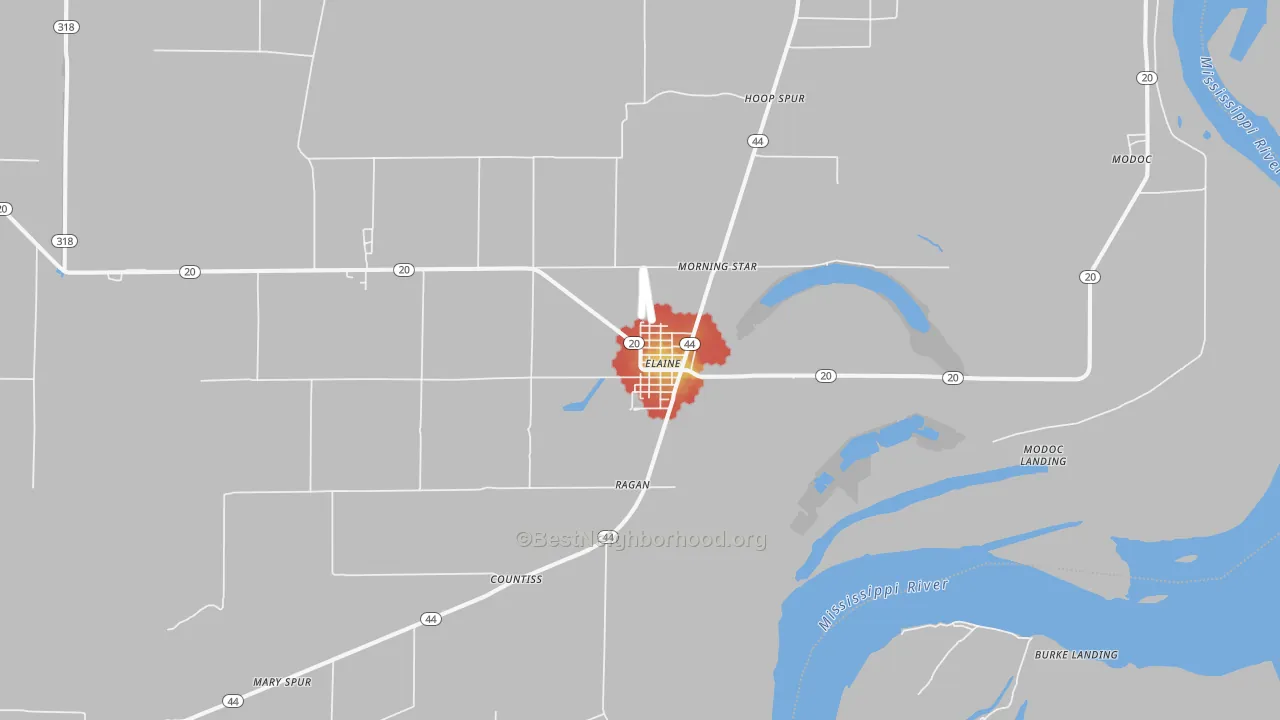 Walk Grade map of Elaine, AR, walkable areas in green and car-dependent areas in red