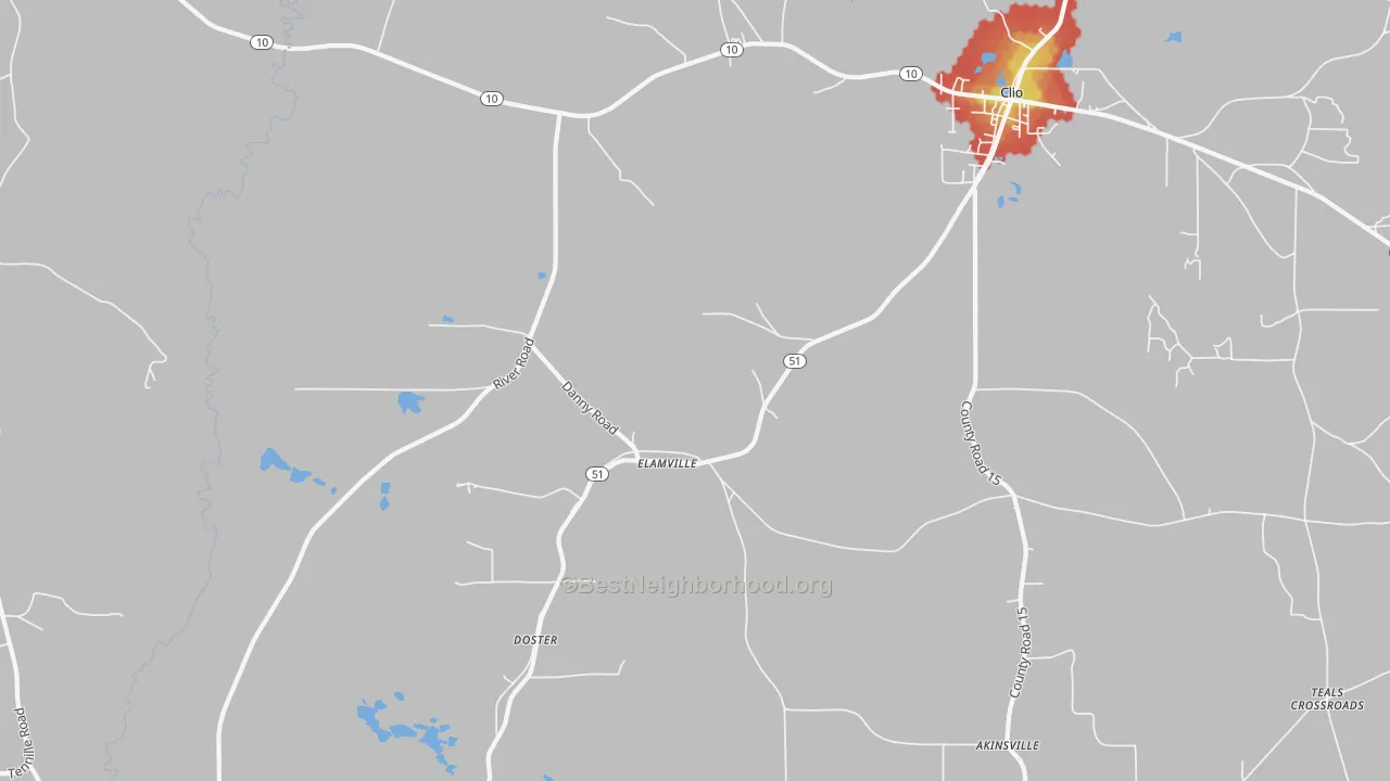 Walk Grade map of Elamville, AL, walkable areas in green and car-dependent areas in red