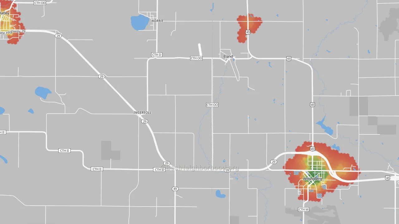Walk Grade map of Eland, WI, walkable areas in green and car-dependent areas in red