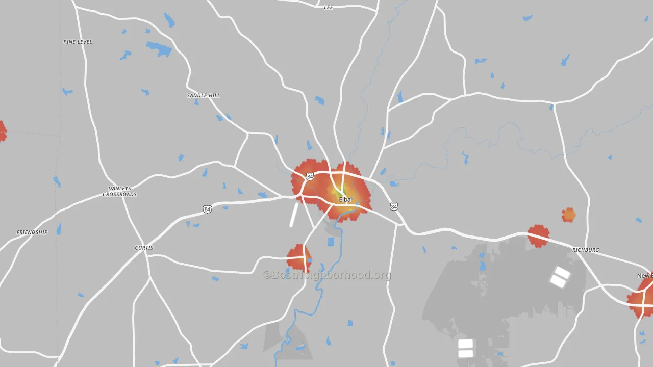 Walk Grade map of Elba, AL, walkable areas in green and car-dependent areas in red