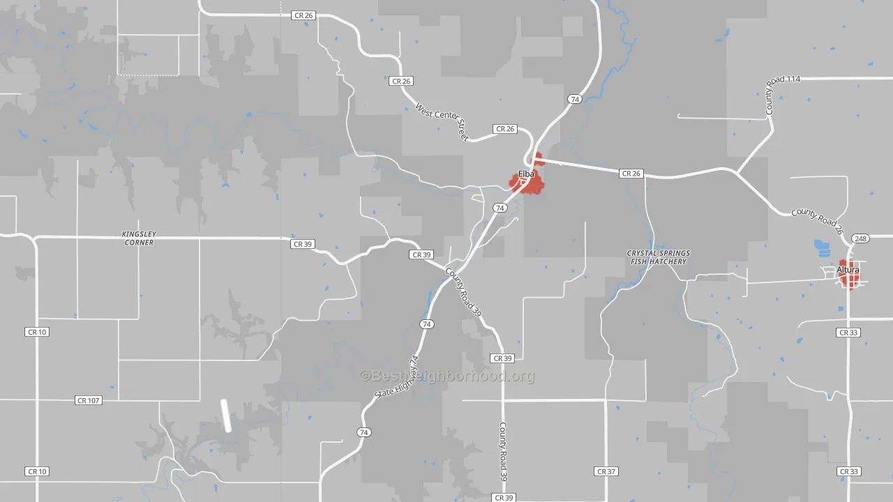 Walk Grade map of Elba, MN, walkable areas in green and car-dependent areas in red