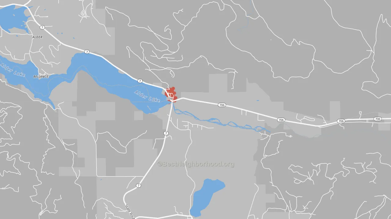 Walk Grade map of Elbe, WA, walkable areas in green and car-dependent areas in red
