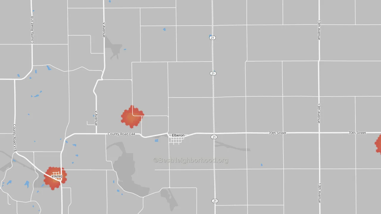 Walk Grade map of Elberon, IA, walkable areas in green and car-dependent areas in red