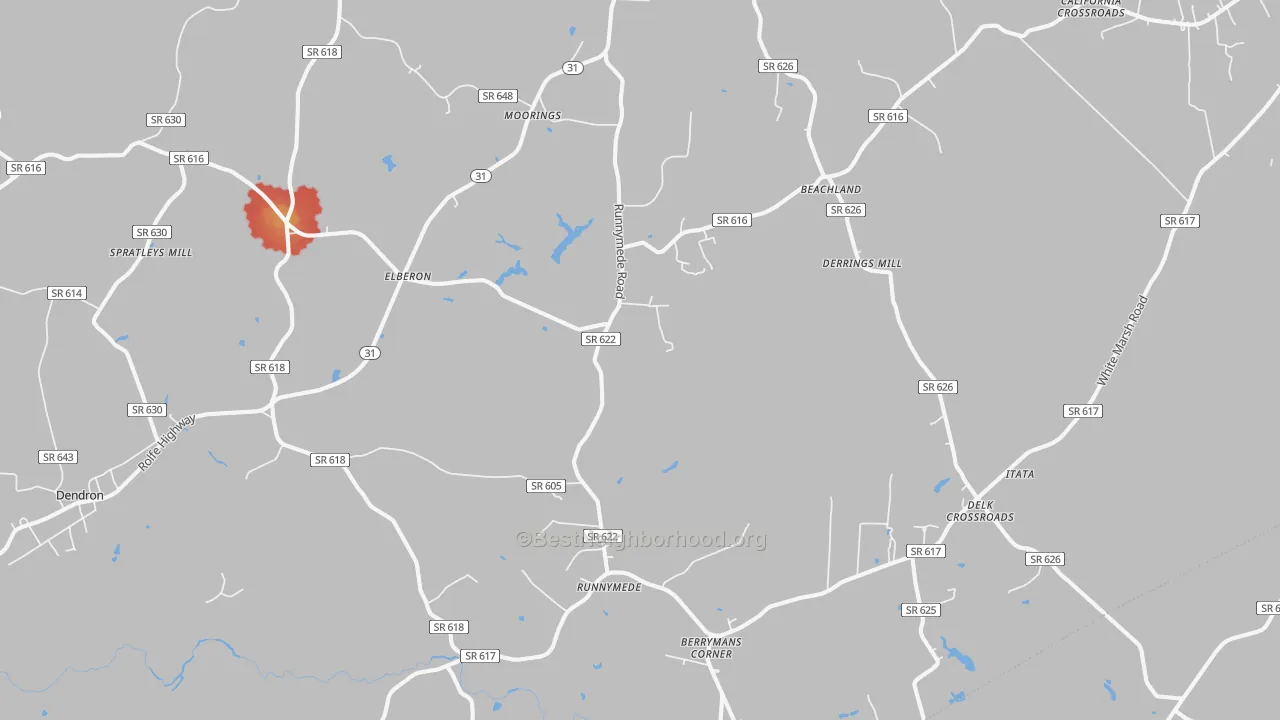 Walk Grade map of Elberon, VA, walkable areas in green and car-dependent areas in red