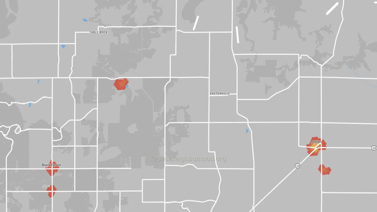 Walk Grade map of Elbert, CO, walkable areas in green and car-dependent areas in red