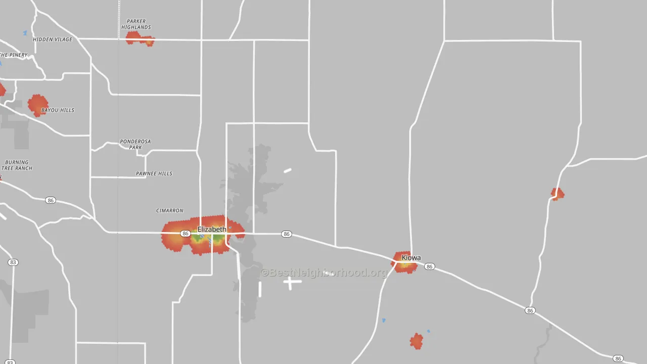 Walk Grade map of Elbert County, CO, walkable areas in green and car-dependent areas in red