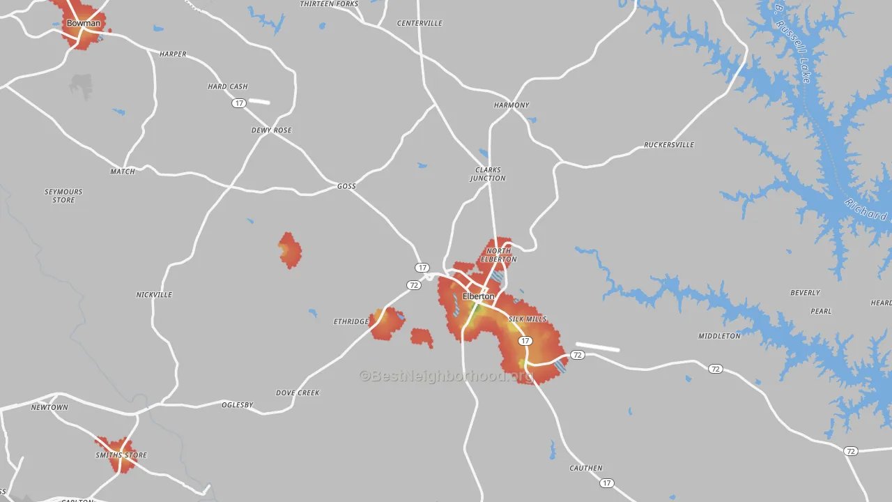 Walk Grade map of Elbert County, GA, walkable areas in green and car-dependent areas in red