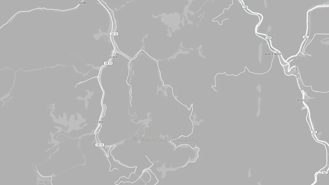 Walk Grade map of Elbert, WV, walkable areas in green and car-dependent areas in red