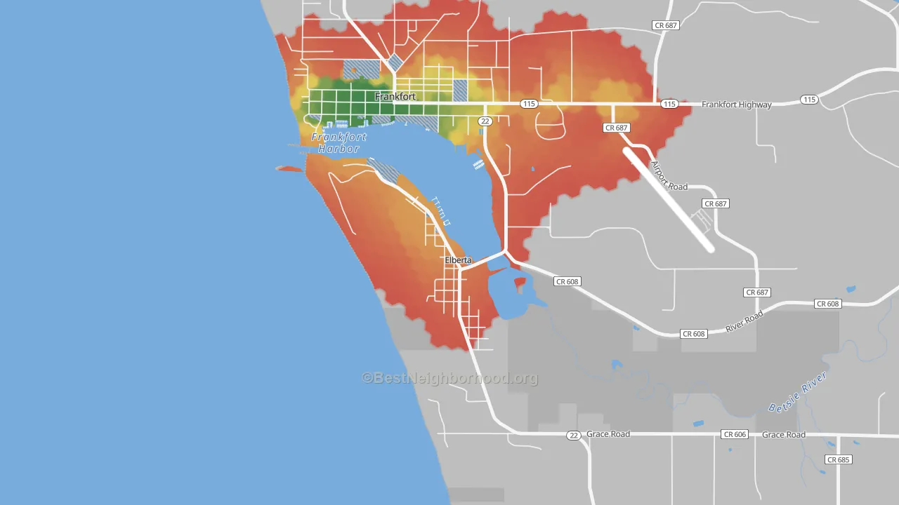 Walk Grade map of Elberta, MI, walkable areas in green and car-dependent areas in red