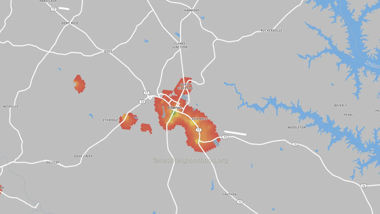 Walk Grade map of Elberton, GA, walkable areas in green and car-dependent areas in red
