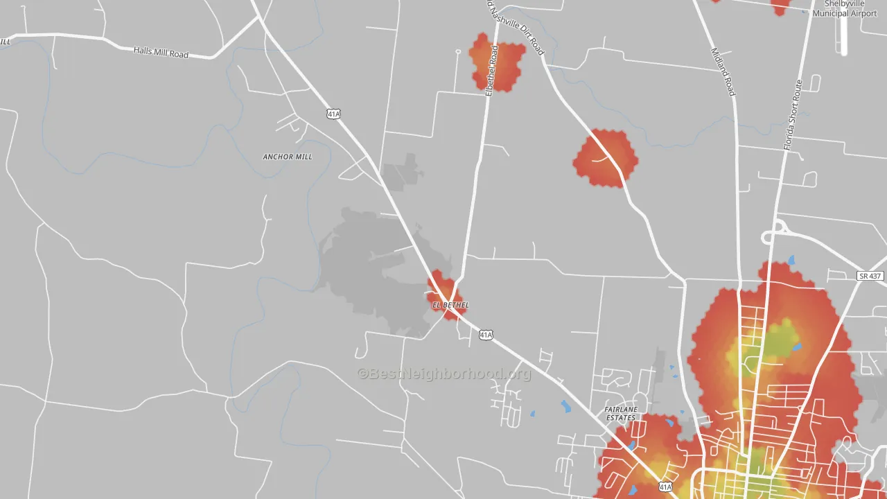 Walk Grade map of Elbethel, TN, walkable areas in green and car-dependent areas in red
