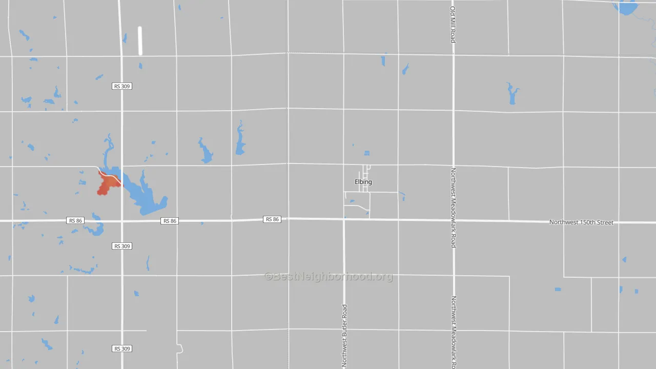 Walk Grade map of Elbing, KS, walkable areas in green and car-dependent areas in red