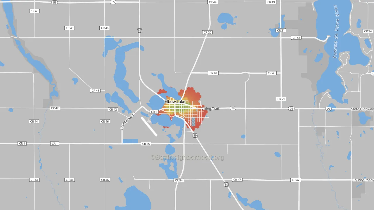 Walk Grade map of Elbow Lake, MN, walkable areas in green and car-dependent areas in red