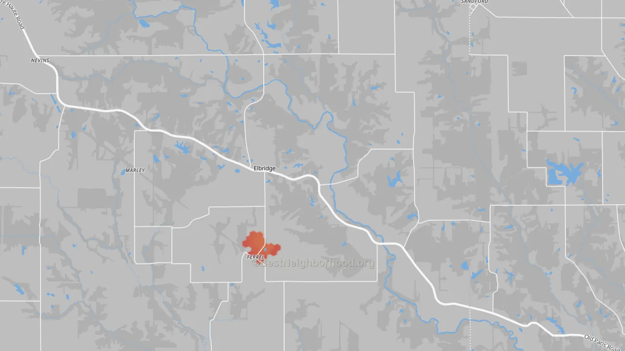 Walk Grade map of Elbridge, IL, walkable areas in green and car-dependent areas in red