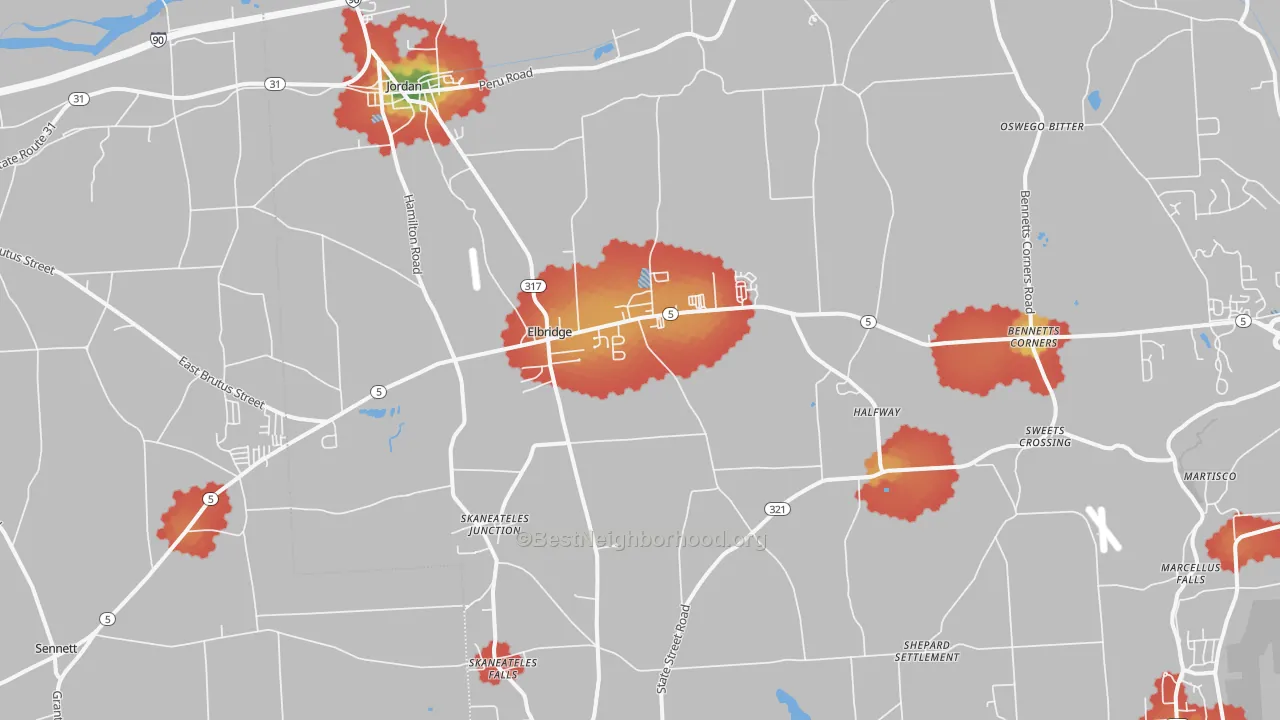 Walk Grade map of Elbridge, NY, walkable areas in green and car-dependent areas in red