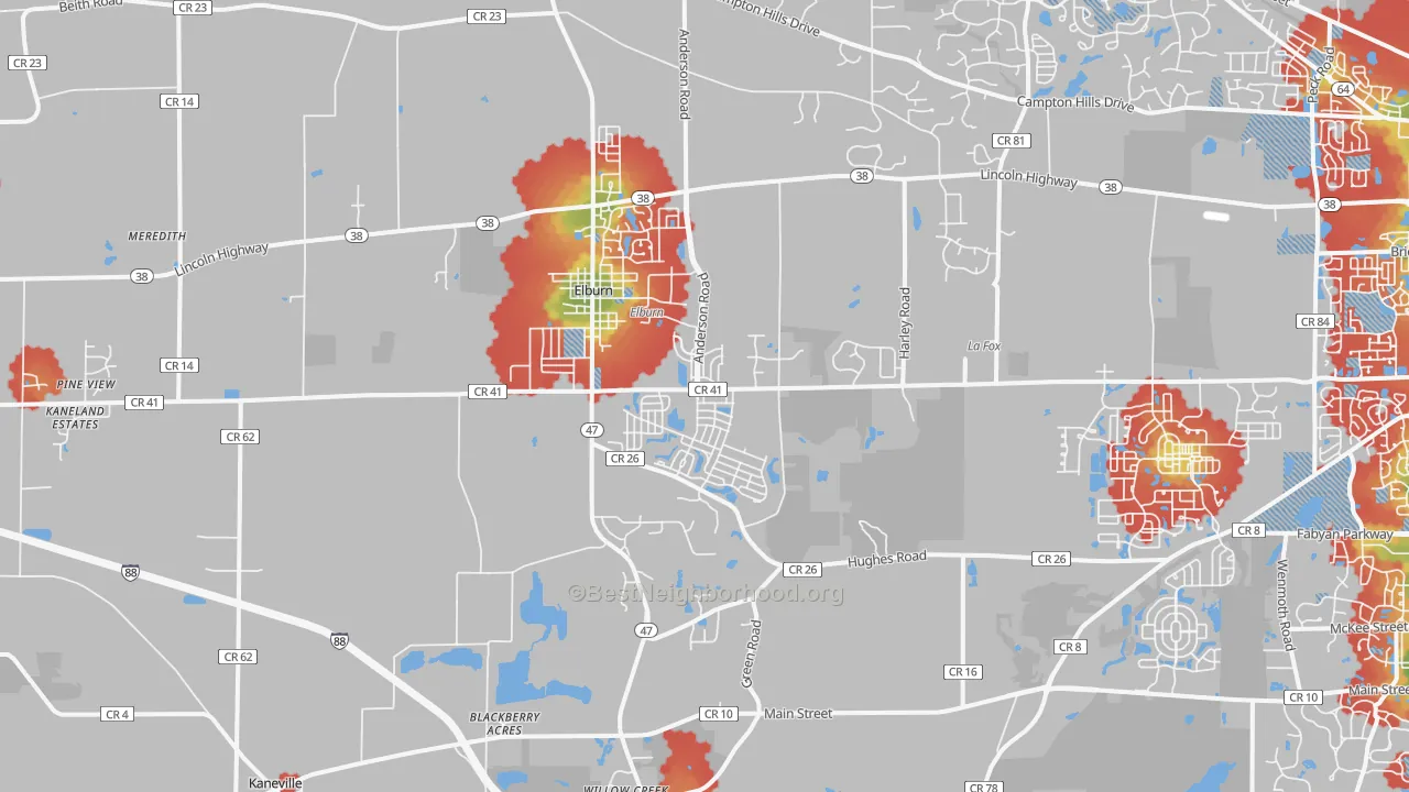 Walk Grade map of Elburn, IL, walkable areas in green and car-dependent areas in red