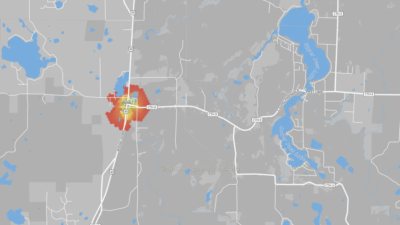 Walk Grade map of Elcho, WI, walkable areas in green and car-dependent areas in red