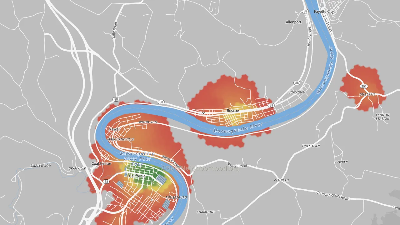 Walk Grade map of Elco, PA, walkable areas in green and car-dependent areas in red