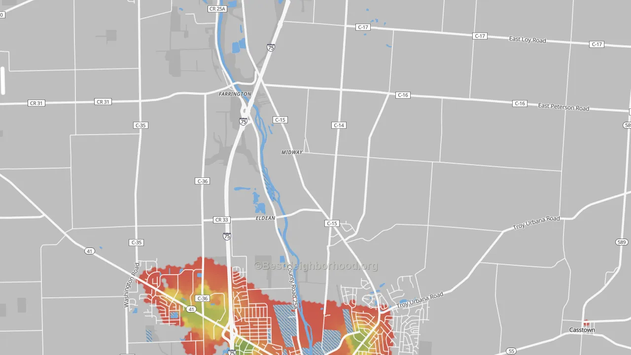 Walk Grade map of Eldean, OH, walkable areas in green and car-dependent areas in red