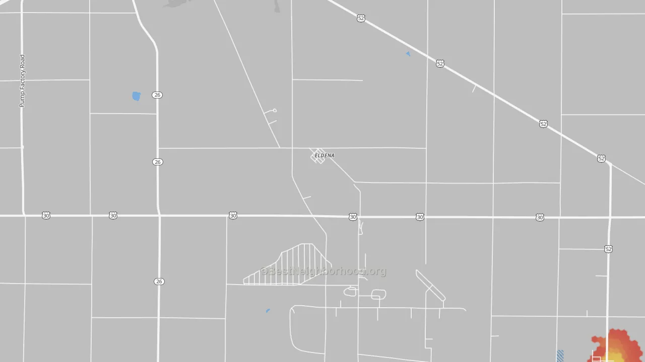 Walk Grade map of Eldena, IL, walkable areas in green and car-dependent areas in red