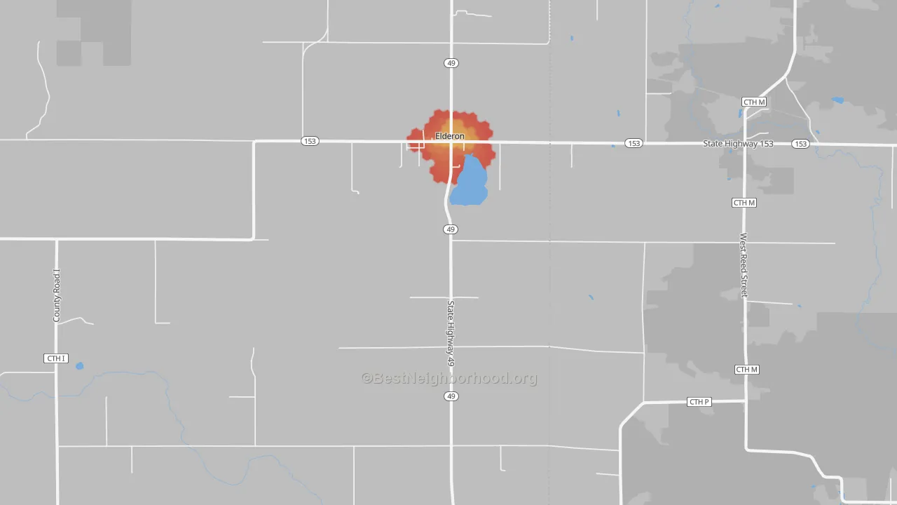 Walk Grade map of Elderon, WI, walkable areas in green and car-dependent areas in red