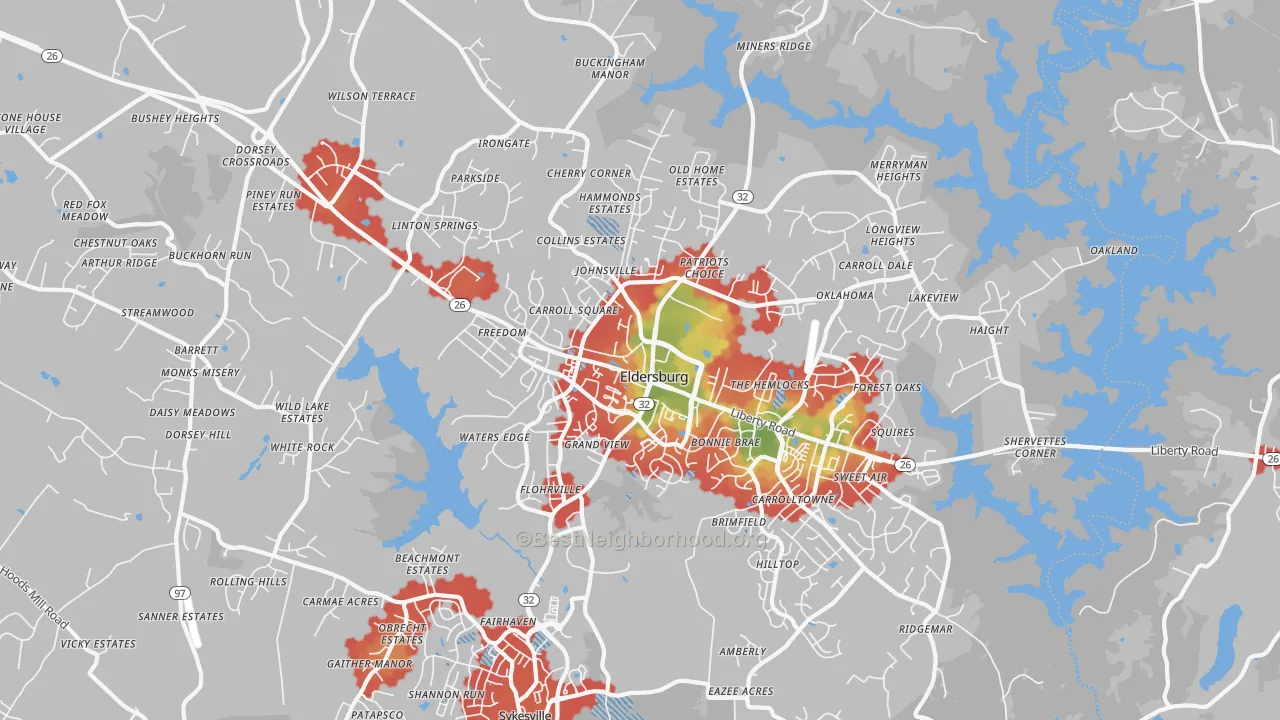 Walk Grade map of Eldersburg, MD, walkable areas in green and car-dependent areas in red
