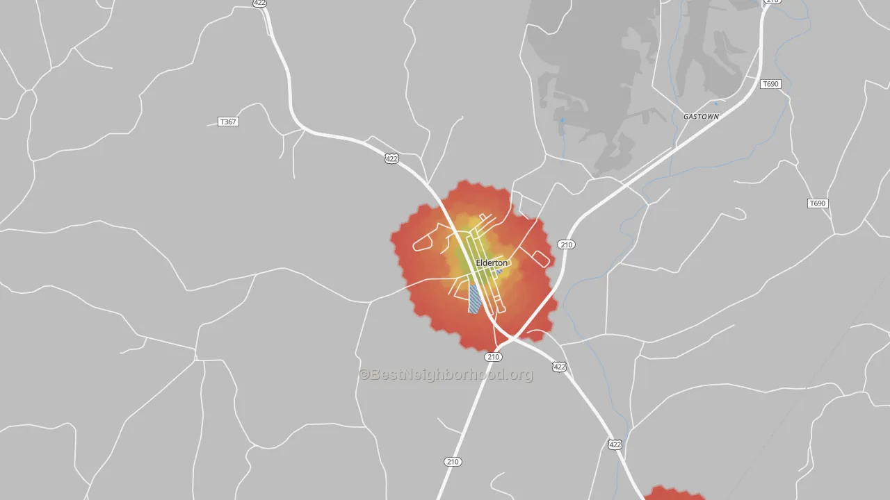 Walk Grade map of Elderton, PA, walkable areas in green and car-dependent areas in red