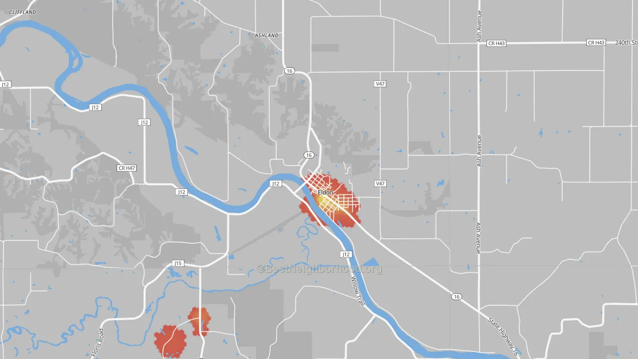 Walk Grade map of Eldon, IA, walkable areas in green and car-dependent areas in red