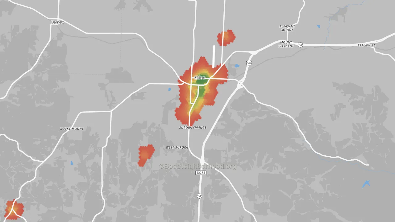 Walk Grade map of Eldon, MO, walkable areas in green and car-dependent areas in red