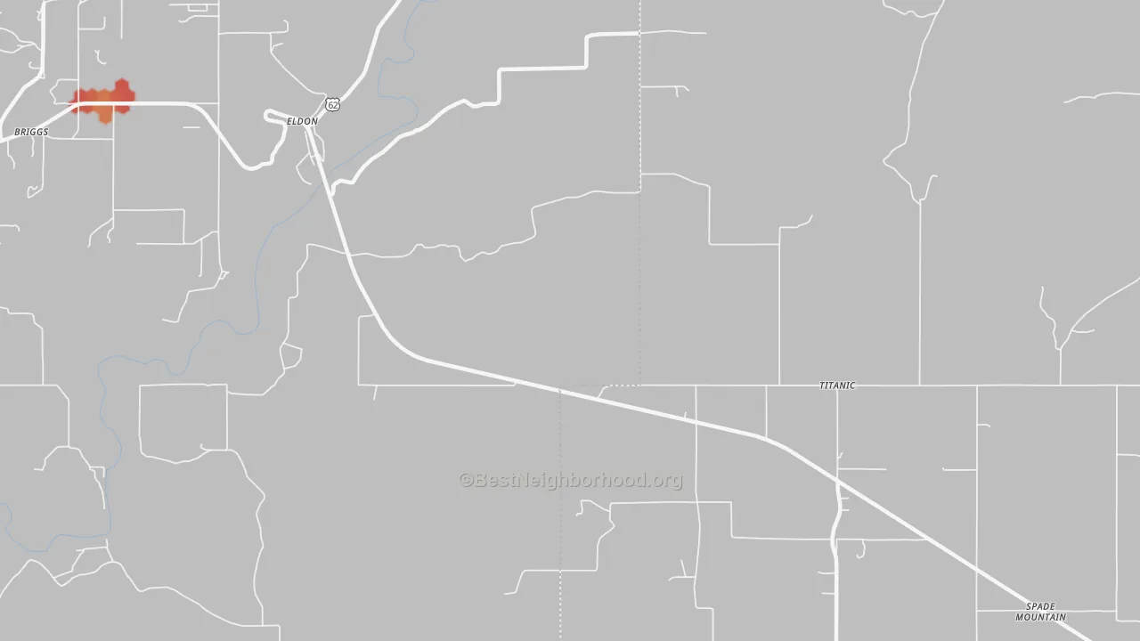 Walk Grade map of Eldon, OK, walkable areas in green and car-dependent areas in red