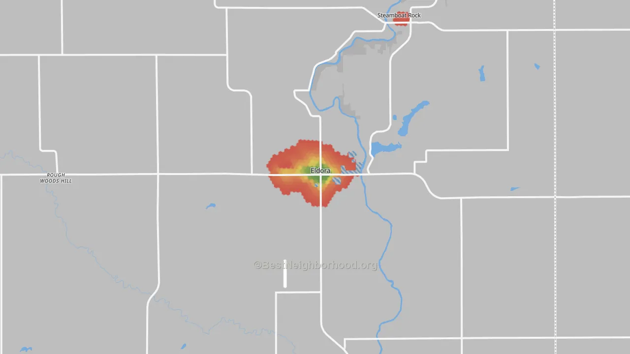 Walk Grade map of Eldora, IA, walkable areas in green and car-dependent areas in red