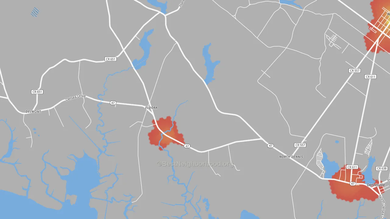 Walk Grade map of Eldora, NJ, walkable areas in green and car-dependent areas in red