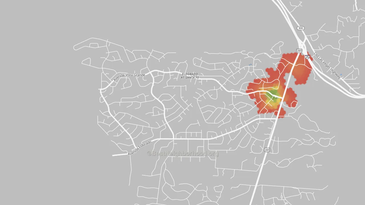 Walk Grade map of Eldorado at Santa Fe, NM, walkable areas in green and car-dependent areas in red