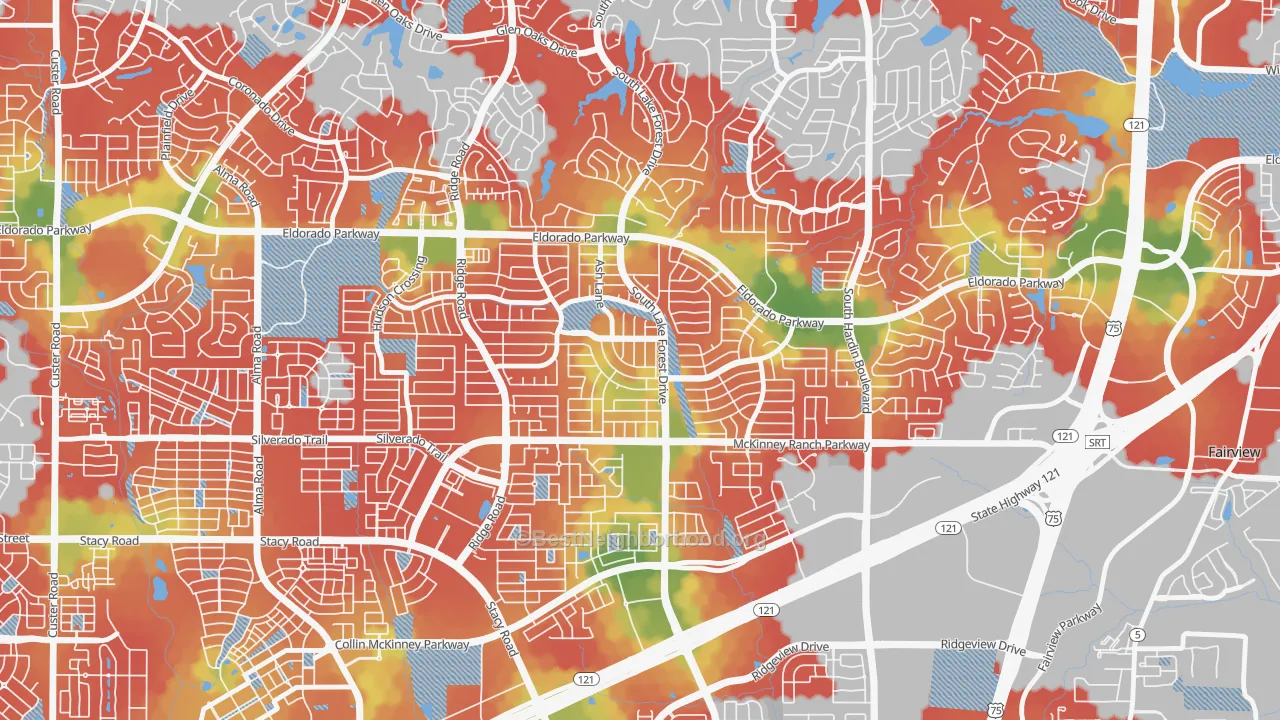 Walk Grade map of Eldorado Heights, McKinney, TX, walkable areas in green and car-dependent areas in red