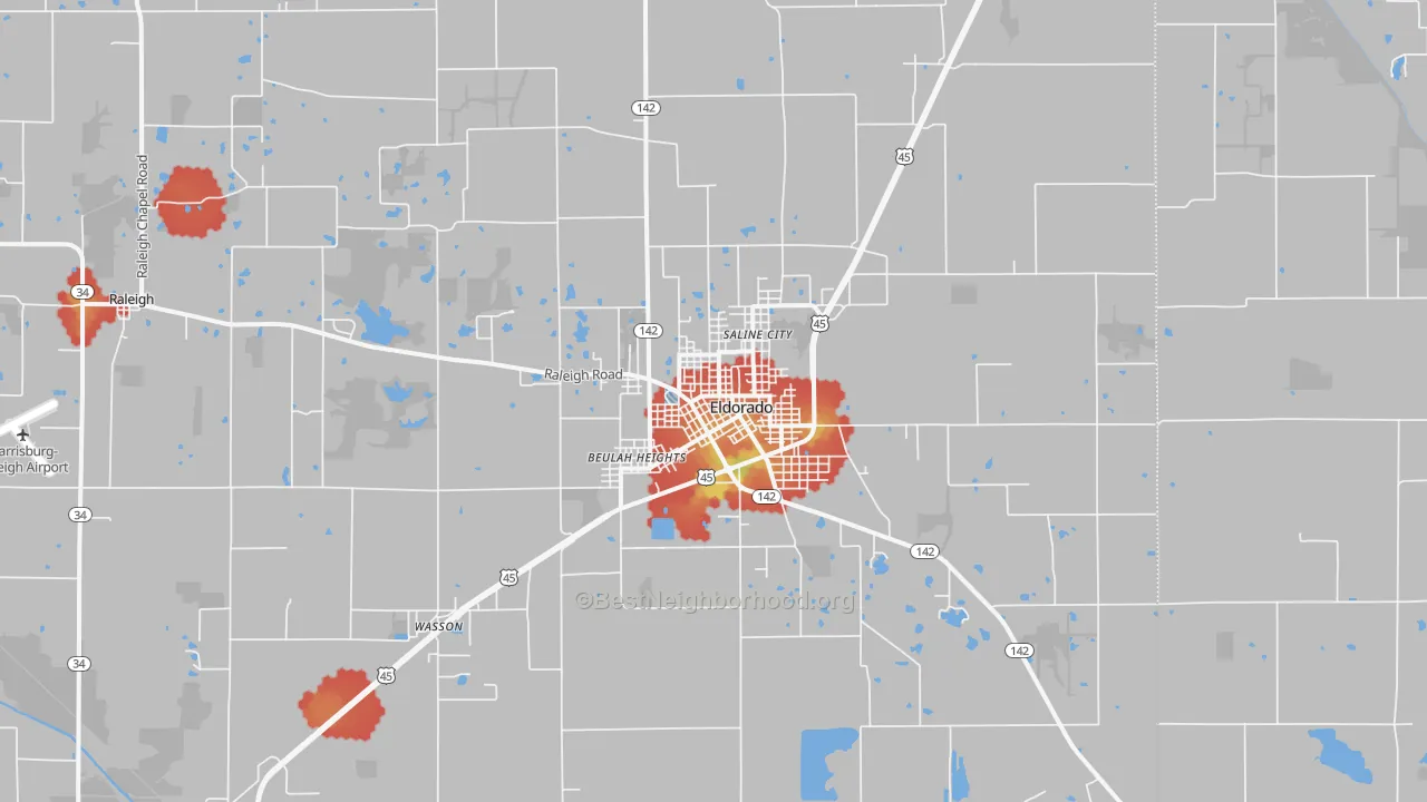 Walk Grade map of Eldorado, IL, walkable areas in green and car-dependent areas in red