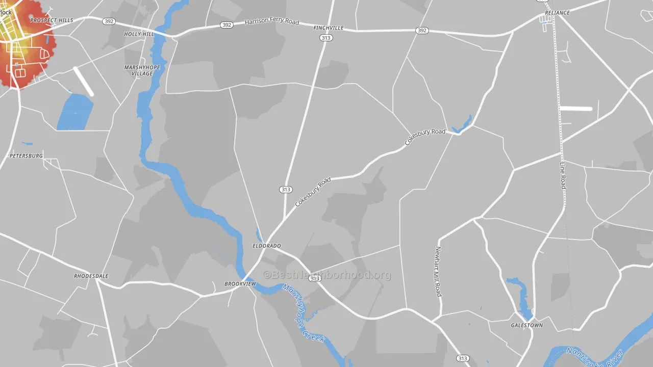Walk Grade map of Eldorado, MD, walkable areas in green and car-dependent areas in red