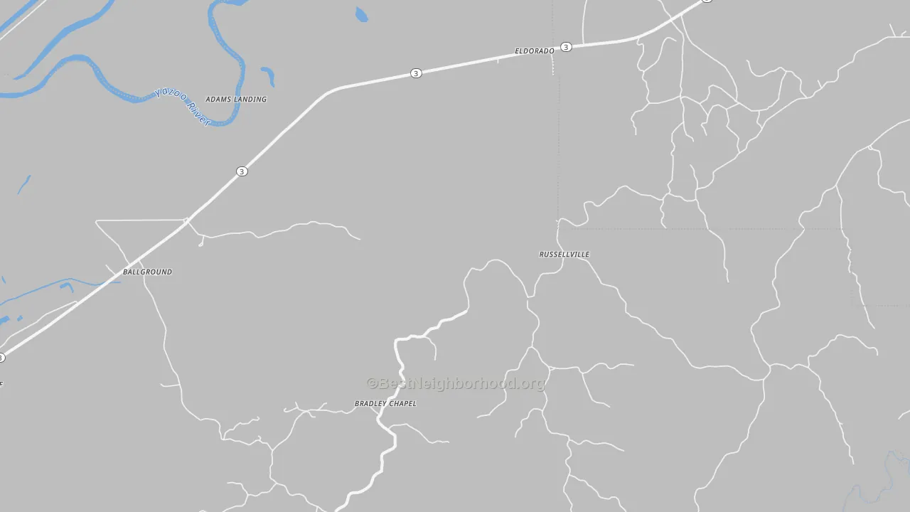 Walk Grade map of Eldorado, MS, walkable areas in green and car-dependent areas in red
