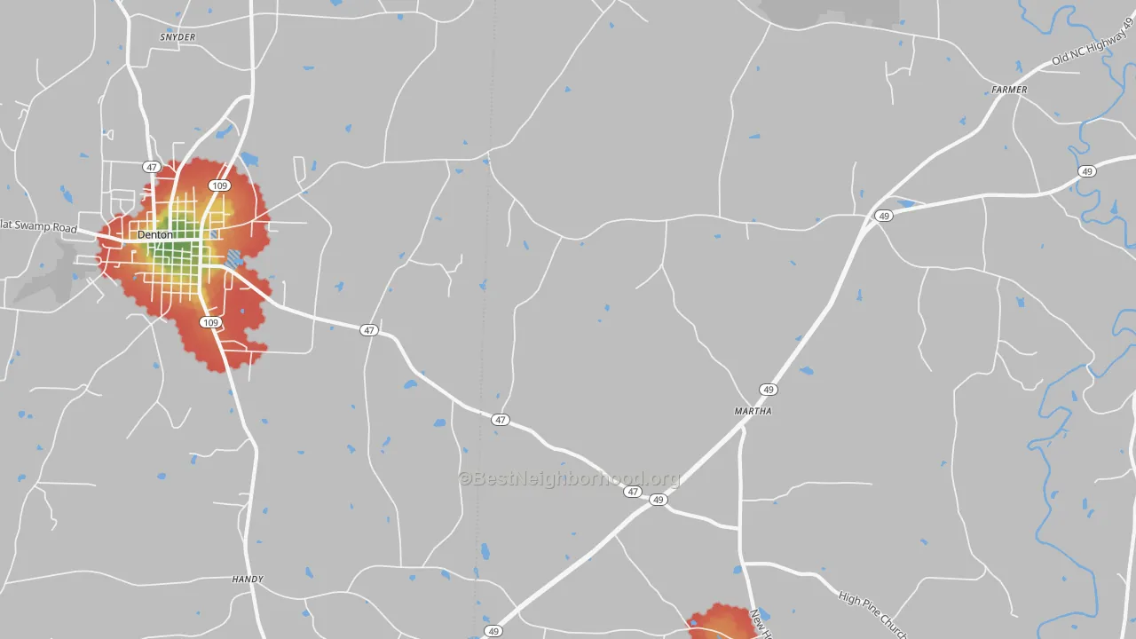 Walk Grade map of Eldorado, NC, walkable areas in green and car-dependent areas in red