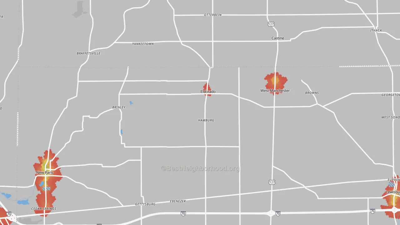 Walk Grade map of Eldorado, OH, walkable areas in green and car-dependent areas in red