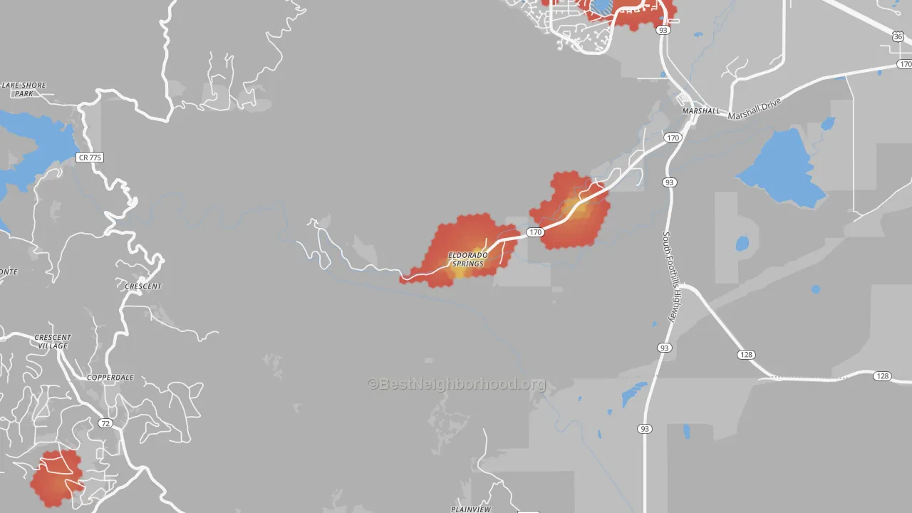 Walk Grade map of Eldorado Springs, CO, walkable areas in green and car-dependent areas in red