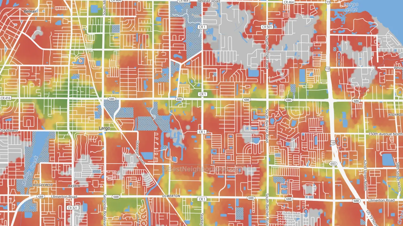 Walk Grade map of Eldorado Village, Largo, FL, walkable areas in green and car-dependent areas in red