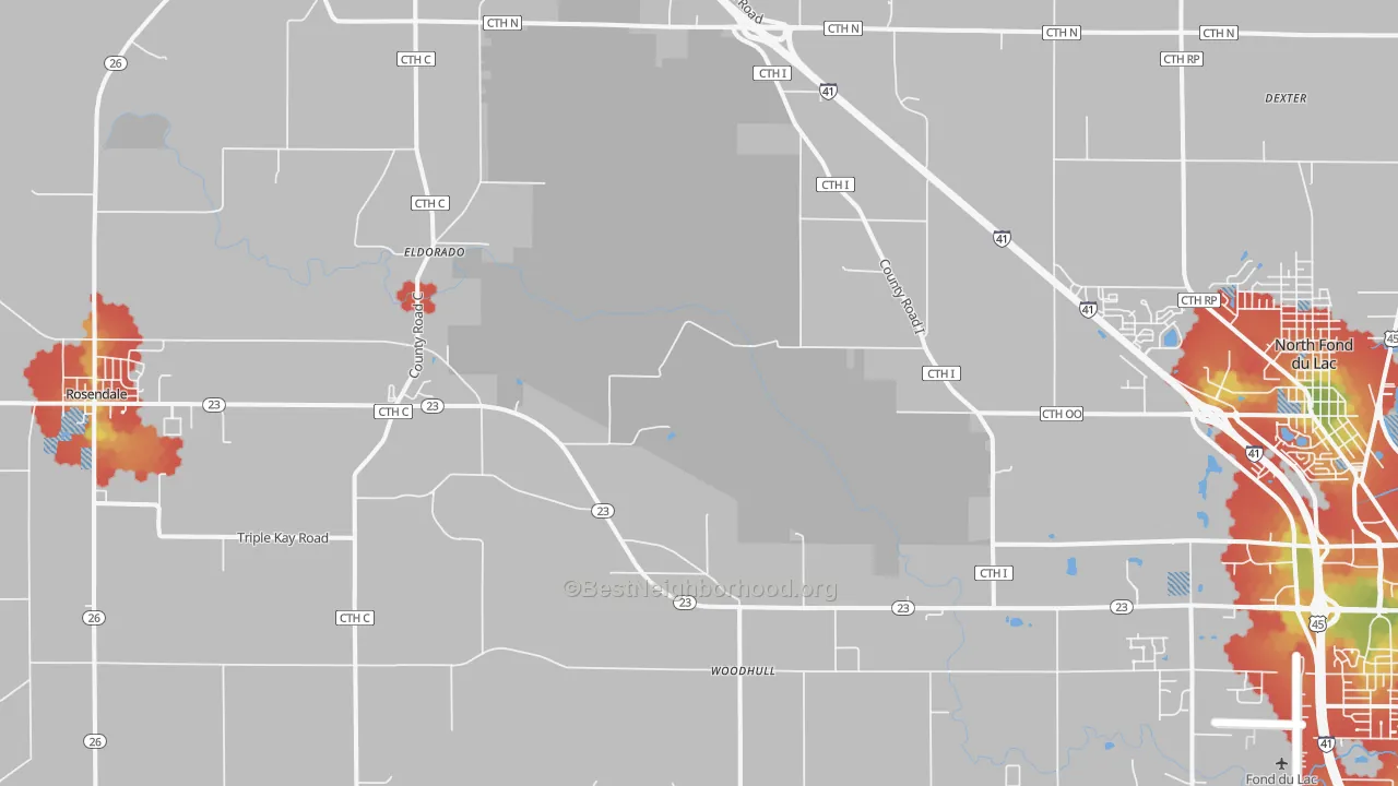 Walk Grade map of Eldorado, WI, walkable areas in green and car-dependent areas in red
