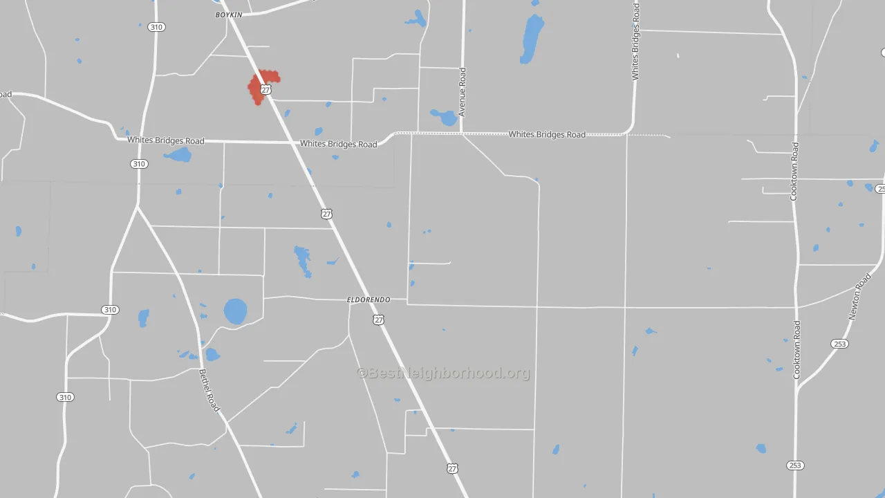 Walk Grade map of Eldorendo, GA, walkable areas in green and car-dependent areas in red