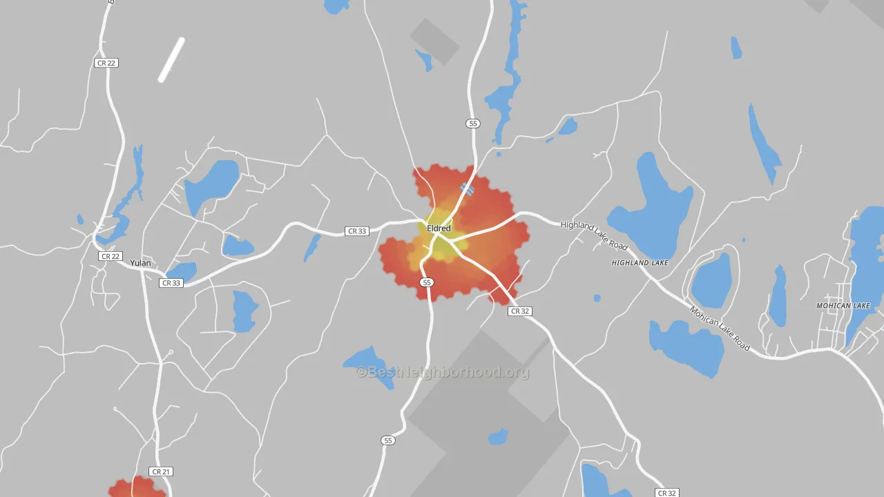 Walk Grade map of Eldred, NY, walkable areas in green and car-dependent areas in red