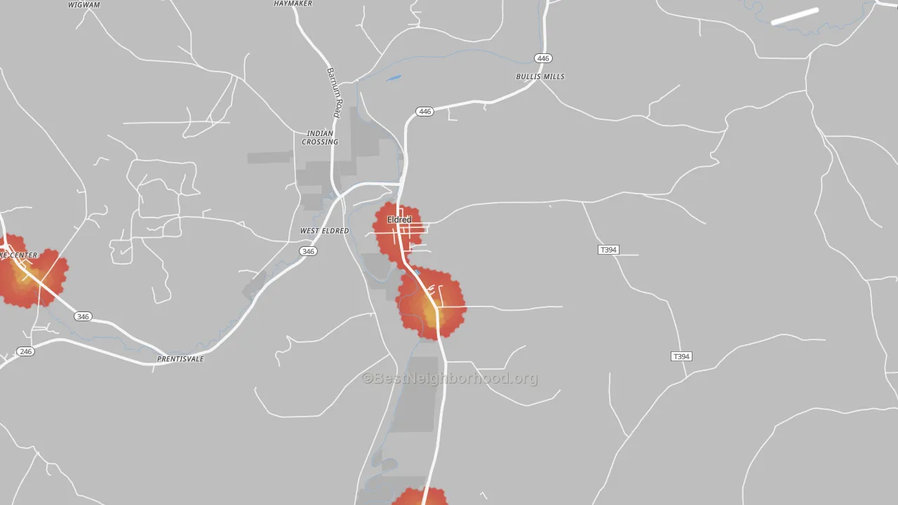 Walk Grade map of Eldred, PA, walkable areas in green and car-dependent areas in red