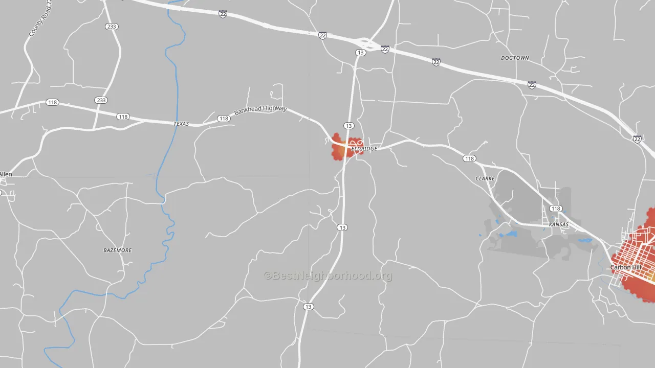 Walk Grade map of Eldridge, AL, walkable areas in green and car-dependent areas in red