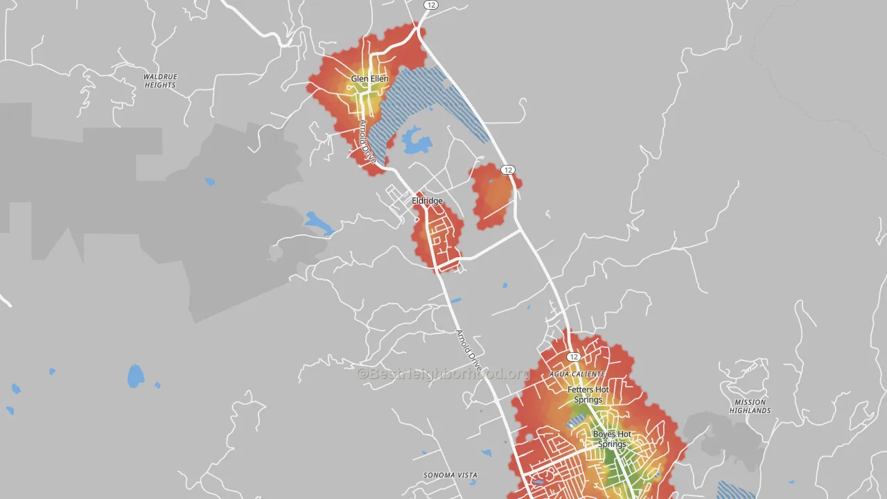 Walk Grade map of Eldridge, CA, walkable areas in green and car-dependent areas in red
