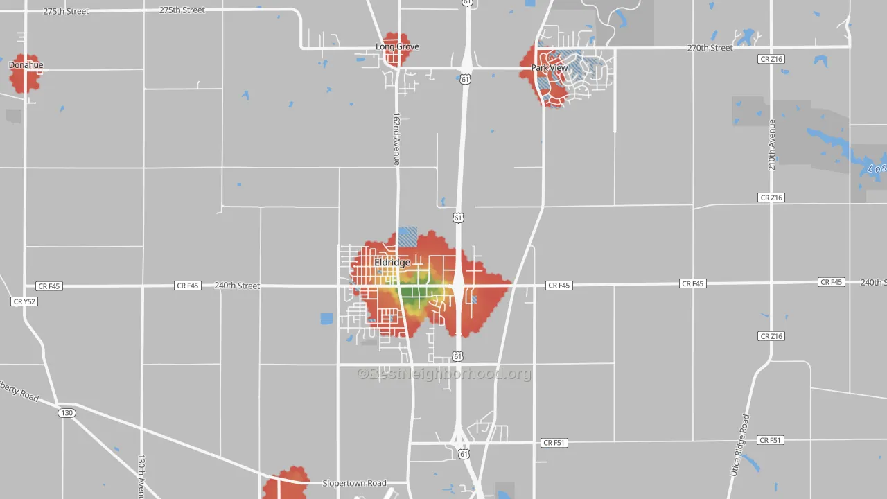 Walk Grade map of Eldridge, IA, walkable areas in green and car-dependent areas in red